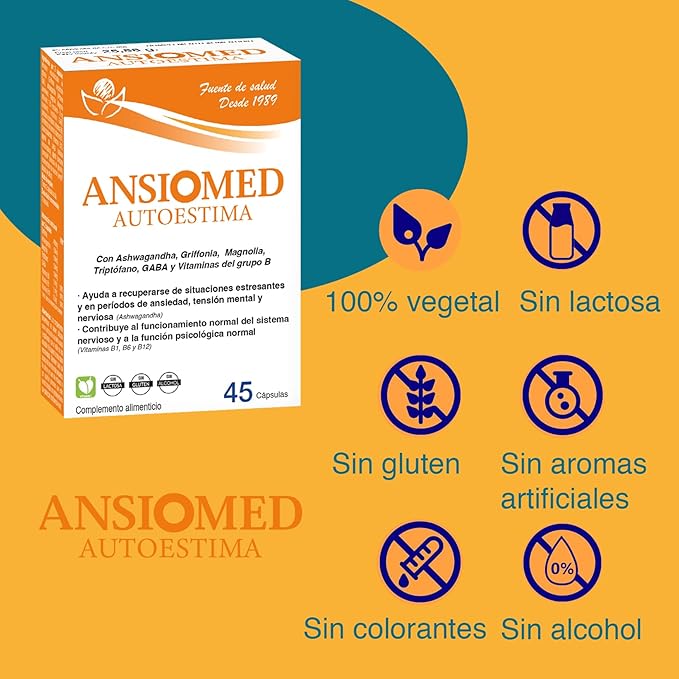 Ansiomed Autoestima (45 Cápsulas) - Con Ashwagandha, GABA y Vitaminas del Grupo B para la Ansiedad y el Bienestar Emocional