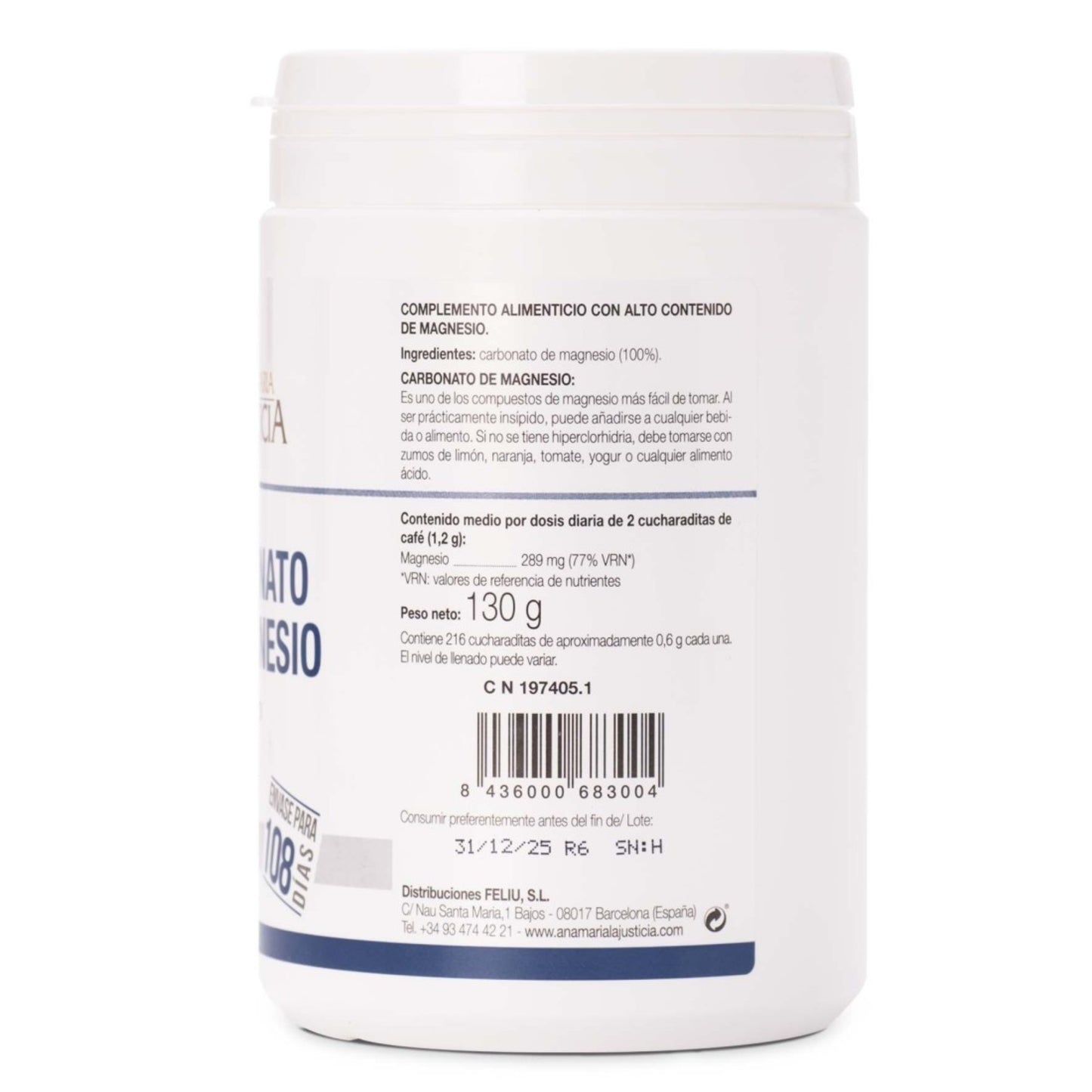 Carbonato de Magnesio en Polvo ANA MARÍA LAJUSTICIA (130 g) - Alivio de Cansancio, Bienestar Digestivo y Salud Muscular